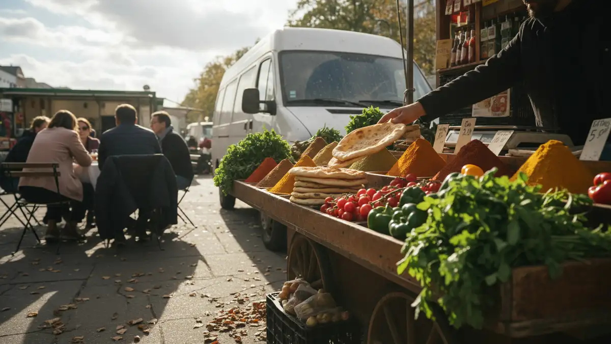 Shot on Sony A7 IV at f/5.6 along Maybachufer street market in Kreuzberg, Berlin, Germany, a local reaching for flatbread from a vendor's cart piled with spices and veggies, harsh midday shadows under